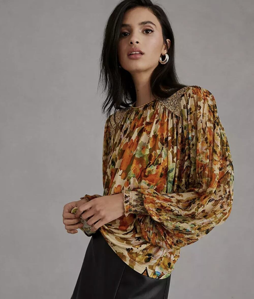 NWT Anthropologie Bl-nk Sequin-Embellished Blouse in Neutral Motif